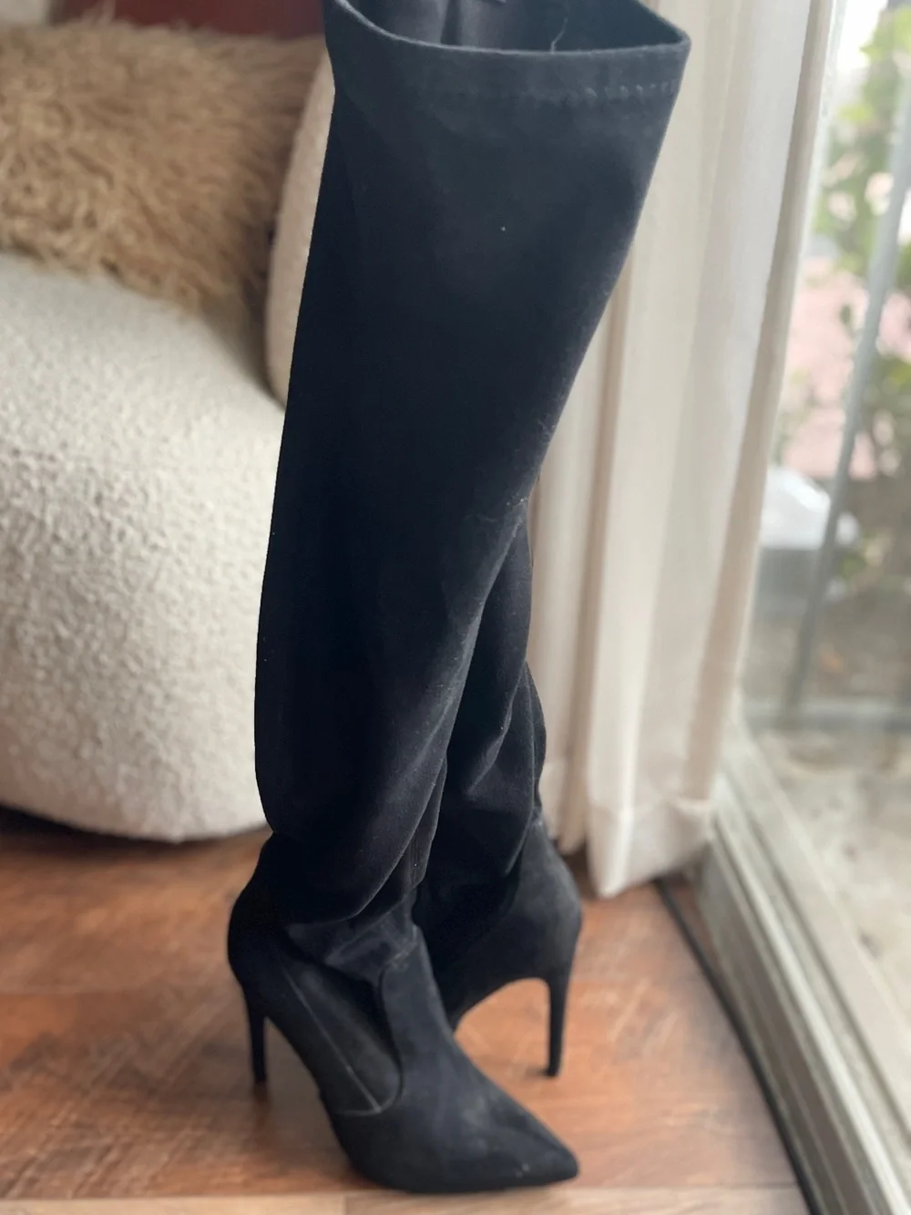 Black Over-the-Knee Suede Pointed Toe Stiletto Boots